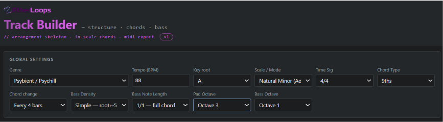 Track Builder global settings set to Psybient, A minor, 88 BPM, 9th chords
