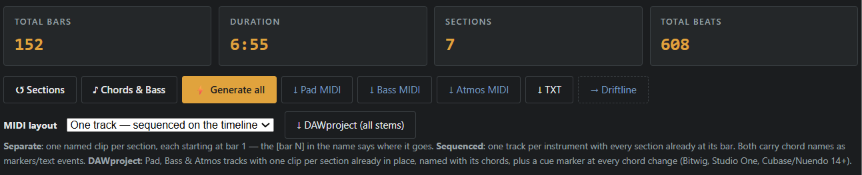 Track Builder export buttons and MIDI layout menu